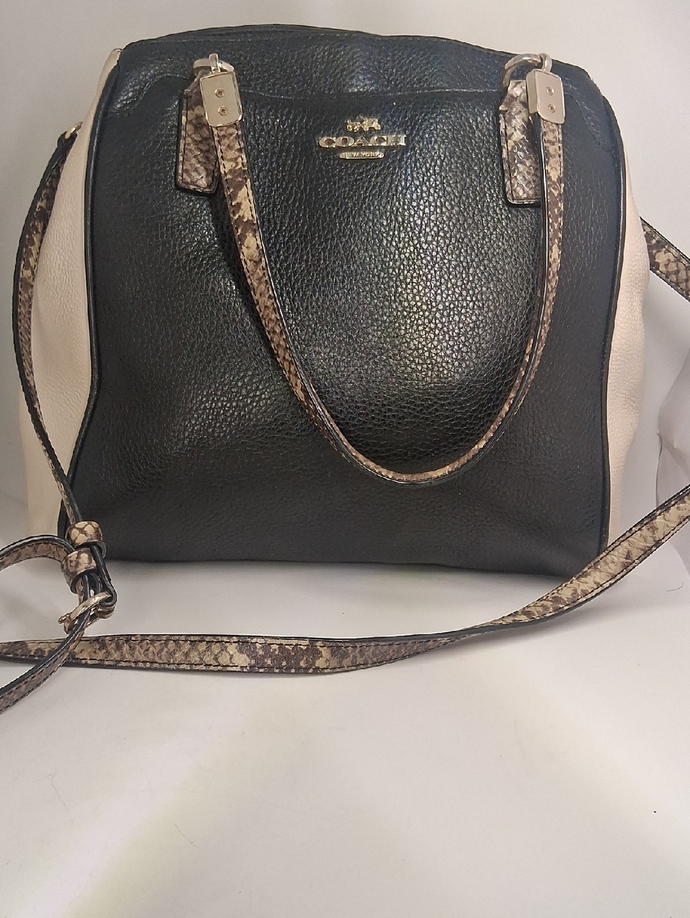 Coach Black & Cream Pebbled Leather Crossbody with Snake-Print Trim